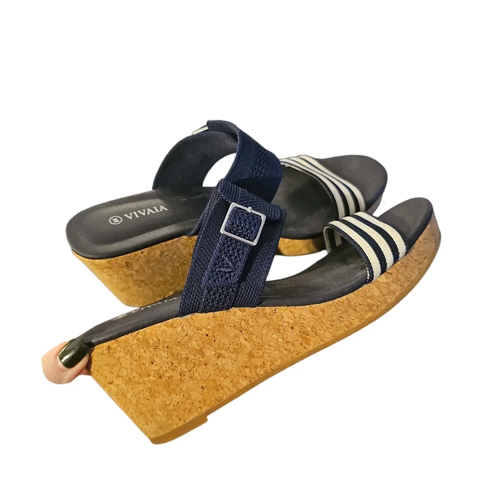 Vivaia Sammy 39 Adjustable Strap Cork Wedge Sandals Navy Sz 8/8.5 SH446